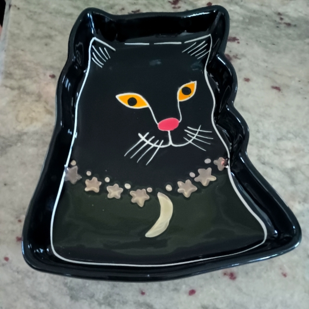 Rare,Anthropologie , Francesca Kaye Magic Black Cat Silver Moon Plate HTF